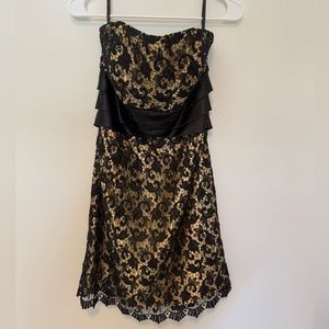 Jessica McClintock Strapless Black and Gold crochet overlay dress